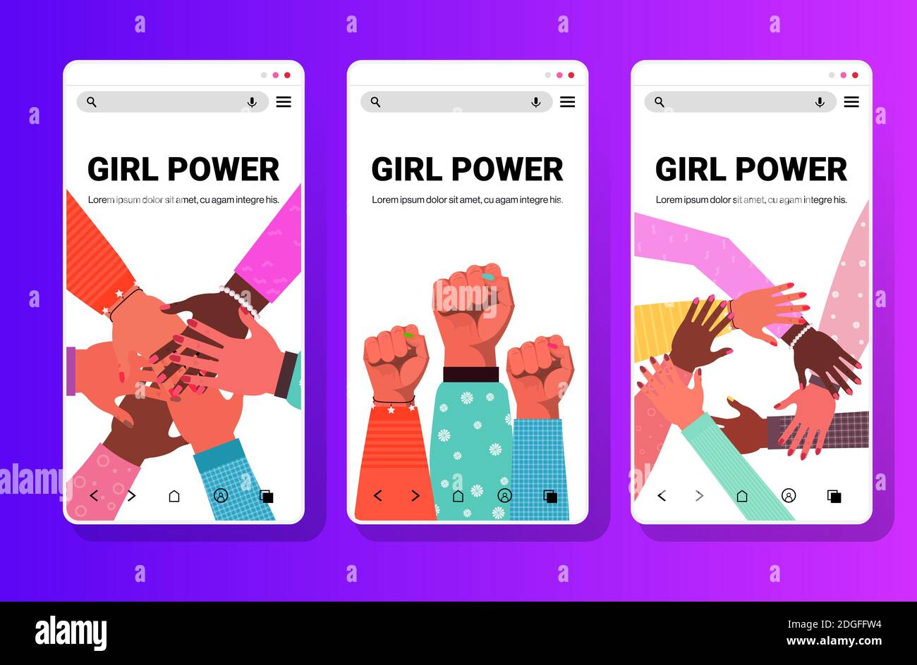 Set Hände der Mischung Rasse Gruppe von Frauen zusammen Weibliche Empowerment Bewegung Mädchen Macht Vereinigung von Feministinnen Konzept Smartphone Screens Sammlung kopieren Raum Vektor Illustration Stock Vektor