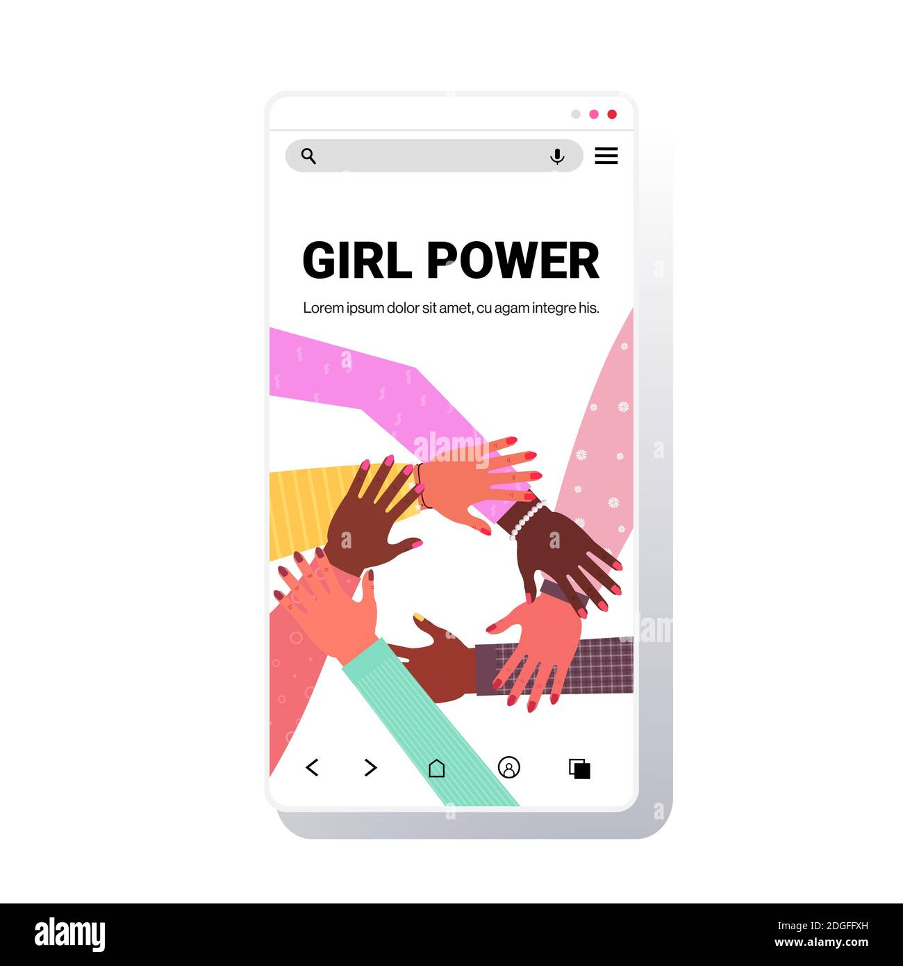 Die Hände der Mischung race Gruppe der Frauen, die zusammen weiblich Empowerment Bewegung Mädchen Macht Vereinigung von Feministinnen Konzept Smartphone-Bildschirm Kopieren Sie die Vektorgrafik für den Raum Stock Vektor