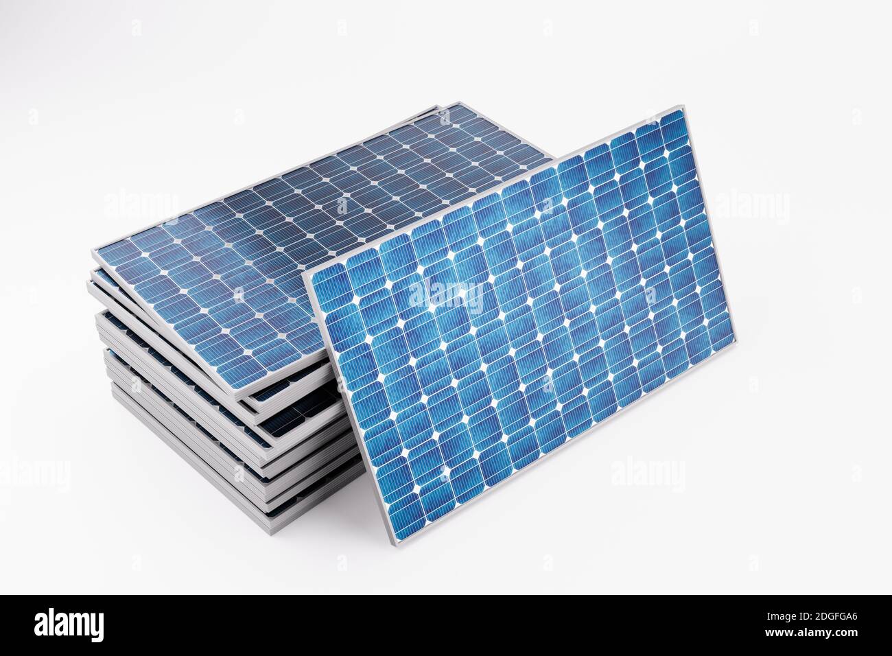 3D-Renderdarstellung der Gruppe der gestapelten Solarbatterie Bedienfelder Stockfoto