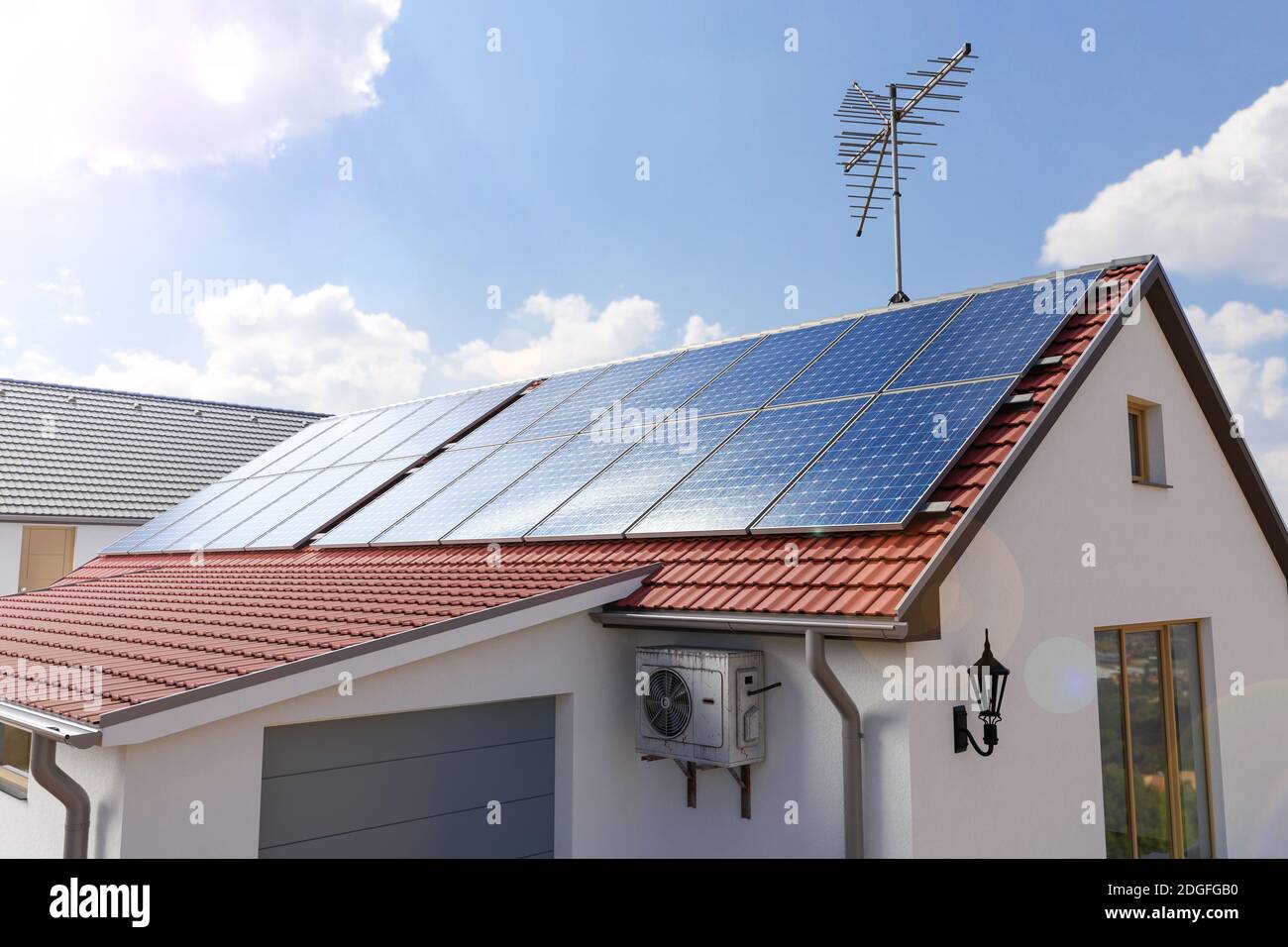 Solarzellen auf dem Hausdach 3d-Rendring Stockfoto