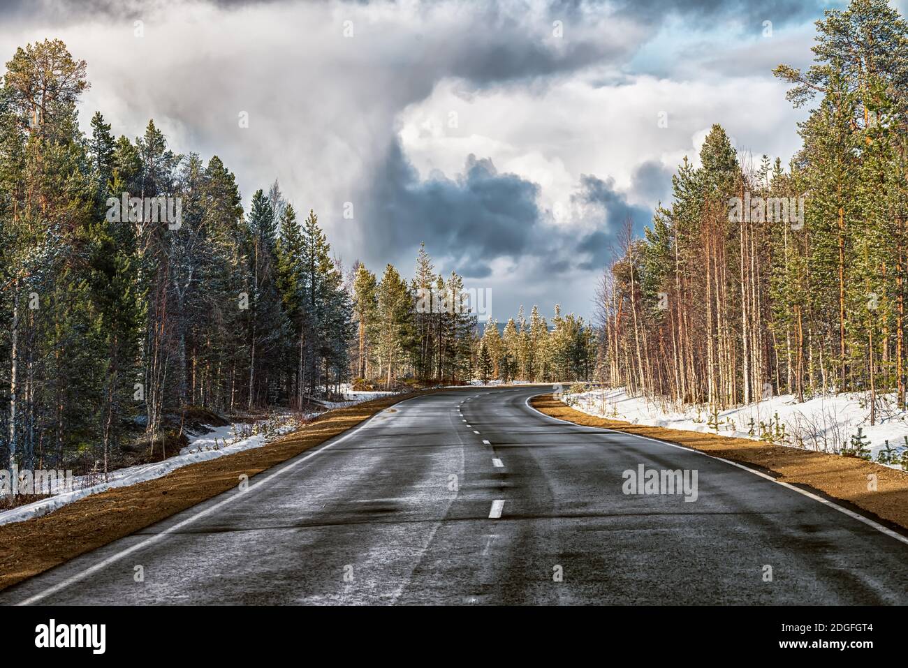 Die einsame Autostraße im Wald mit dem Dramatischen Himmel Stockfoto