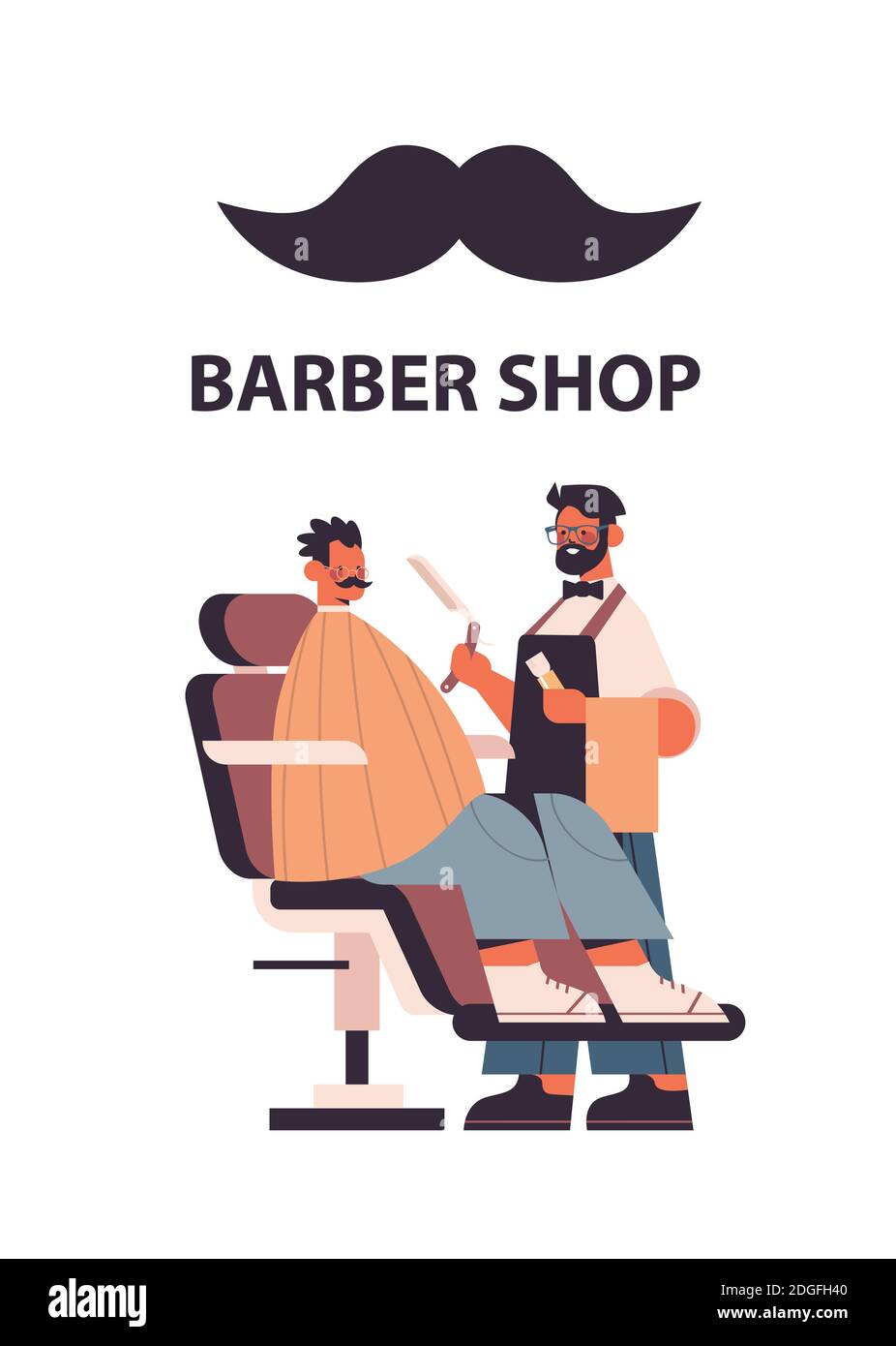 Stilvolle Friseur schneiden Haare des Kunden männlichen Friseur in Uniform Trendige Frisur Barbershop Konzept voller Länge isoliert vertikalen Vektor Illustration Stock Vektor