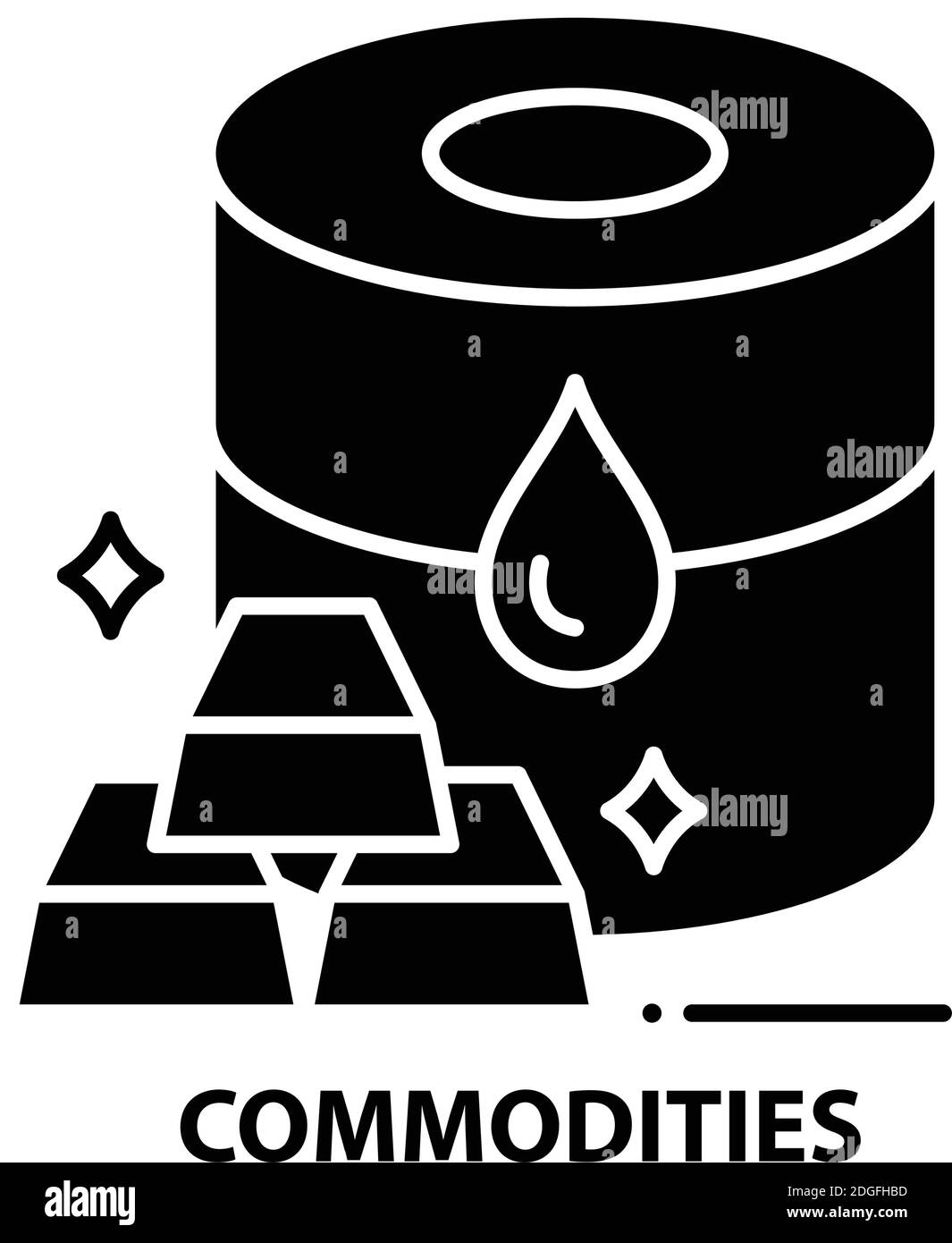 Commodities Symbol, schwarzes Vektorzeichen mit editierbaren Konturen, Konzeptdarstellung Stock Vektor
