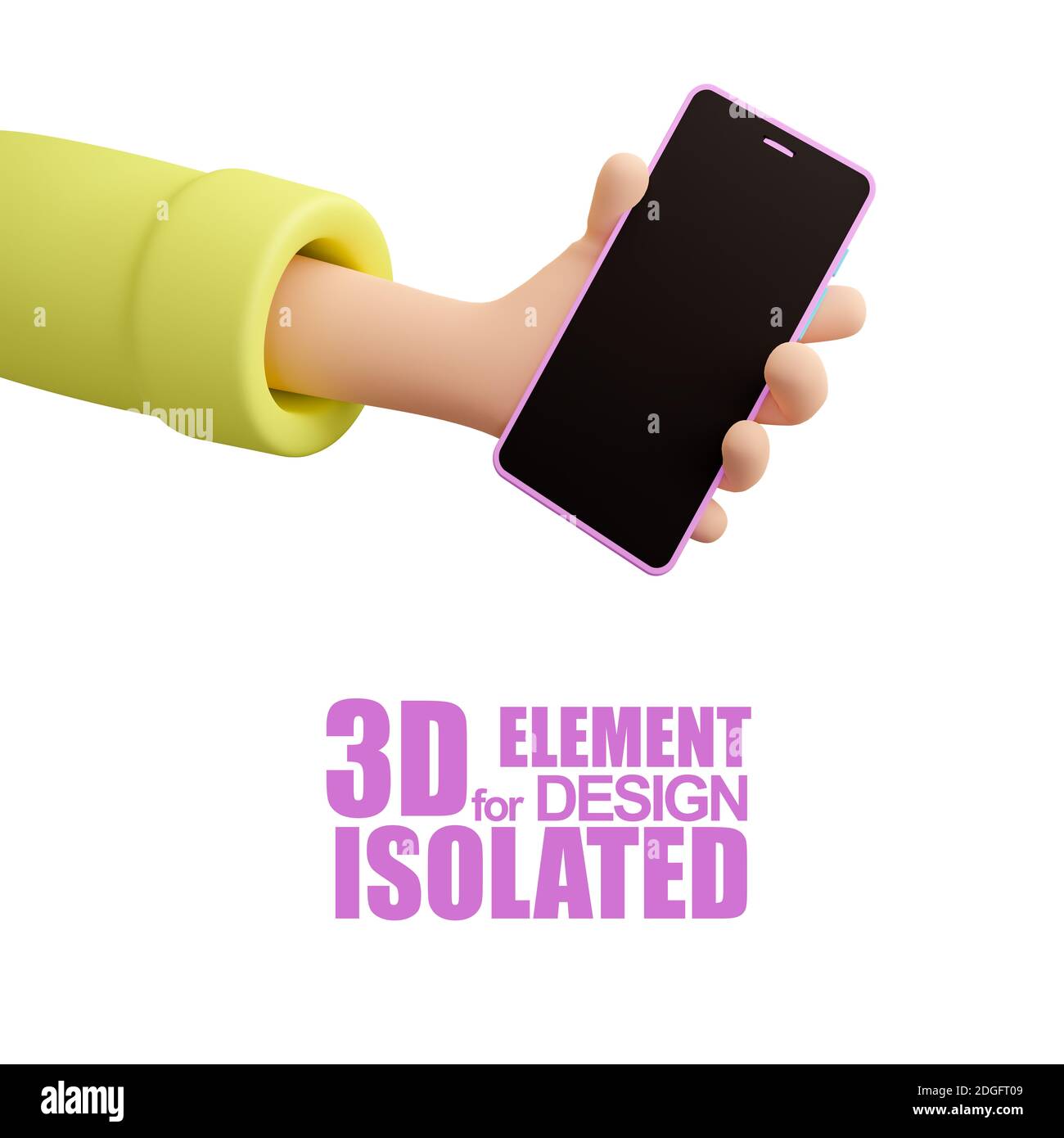 Eine Cartoon 3D Hand, hält ein Handy. 3d-Illustration isoliert auf weißem Hintergrund. Rendern. Element für Bannerdesign, Kommunikationskonzept Stockfoto