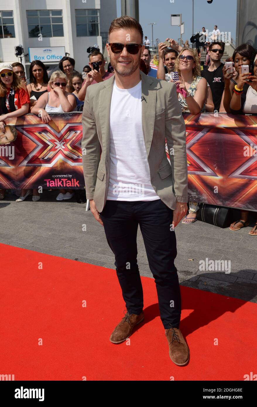 Gary Barlow kommt am letzten Tag der London Auditions für X Factor 2013, London Arena, London an. Stockfoto