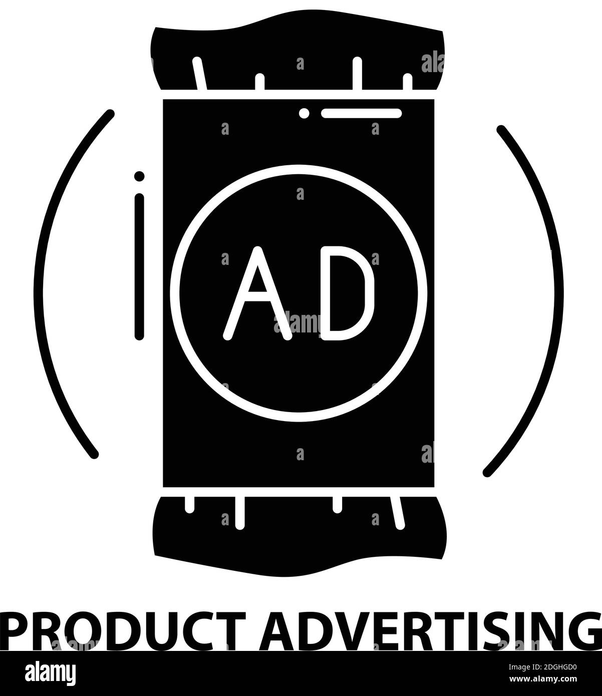 Produktwerbung Symbol, schwarzes Vektor-Zeichen mit editierbaren Striche, Konzept Illustration Stock Vektor