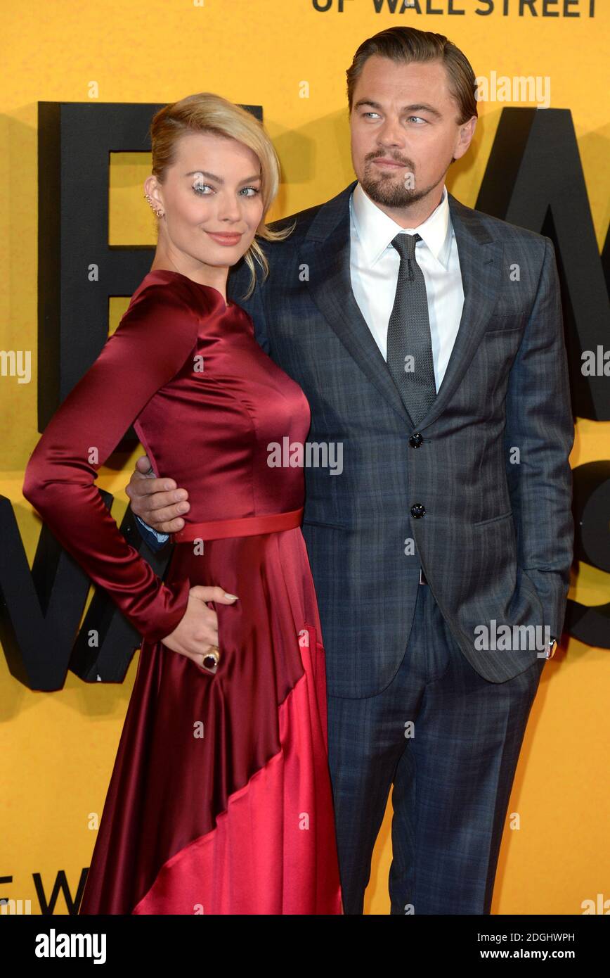 Leonardo DiCaprio und Margot Robbie bei der Premiere von Wolf of Wall Street UK, Odeon Cinema, Leicester Square, London. Stockfoto