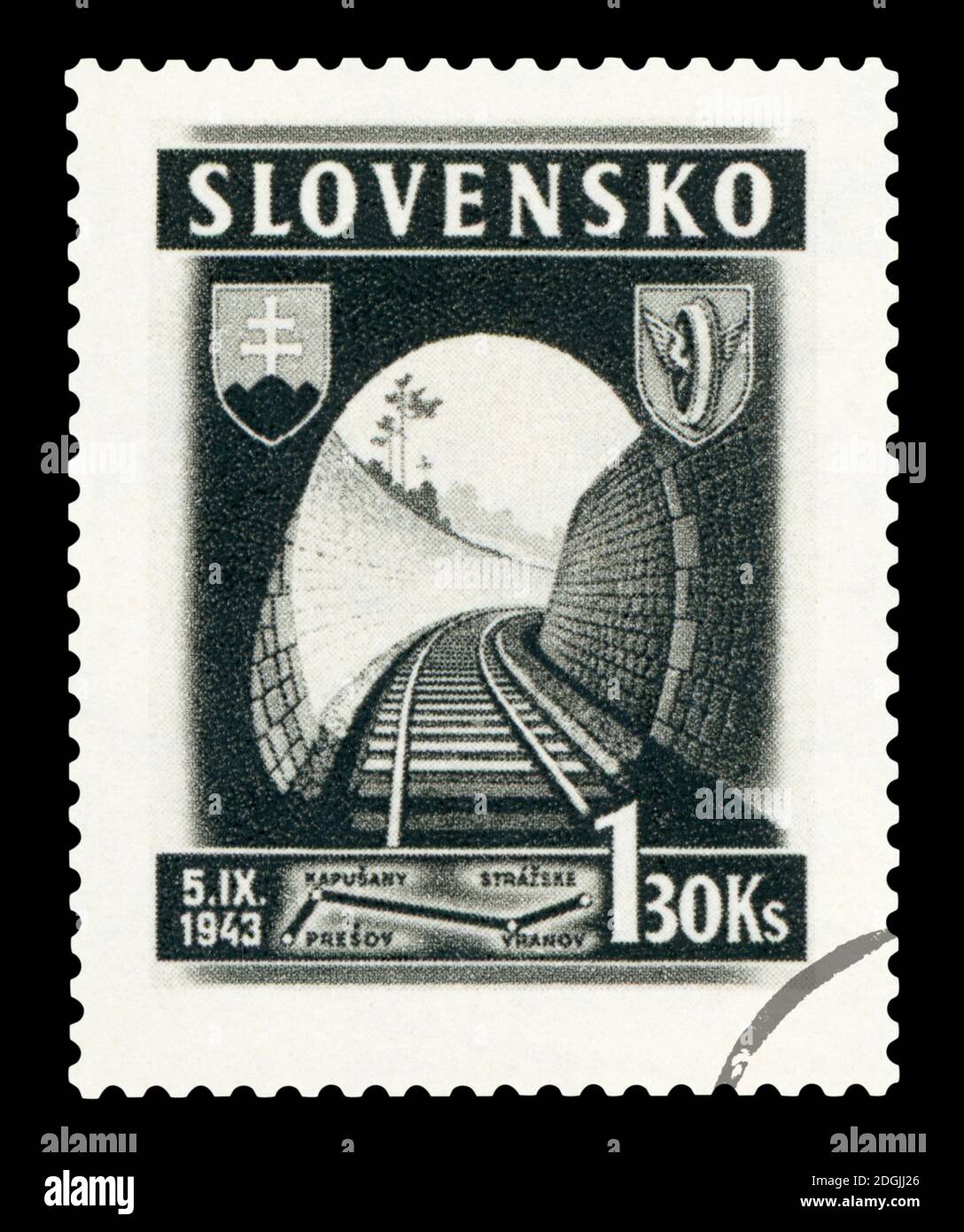 SLOWAKEI - UM 1943: Eine in der Slowakei gedruckte Briefmarke zeigt Eisenbahntunel, um 1943. Stockfoto