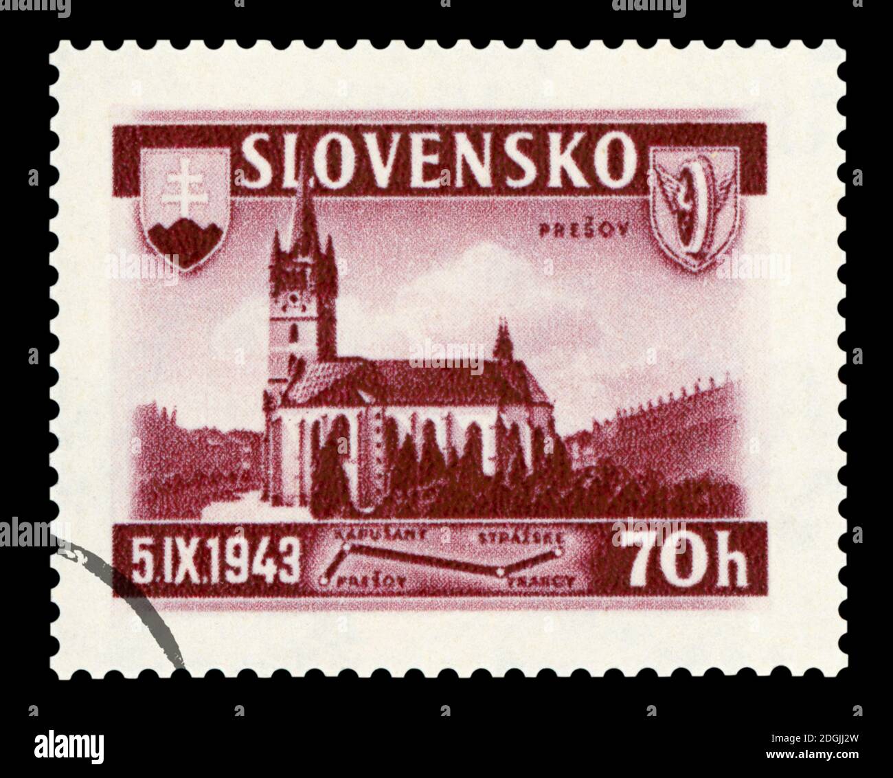 SLOWAKEI - UM 1943: Eine in der Slowakei gedruckte Briefmarke zeigt die katholische Kirche in der Stadt Presov, um 1943. Stockfoto