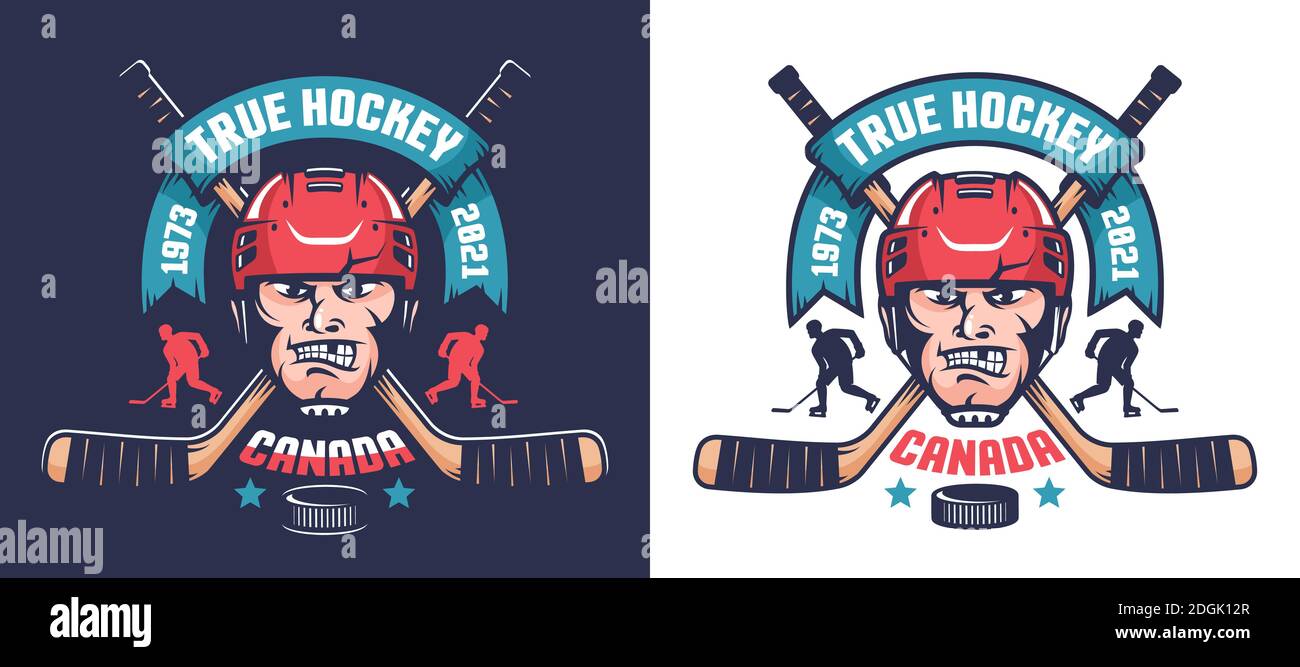 Eishockey-Team-Emblem mit Spielerkopf und gekreuzten Stäben. Retro-Sport-Logo. Stock Vektor
