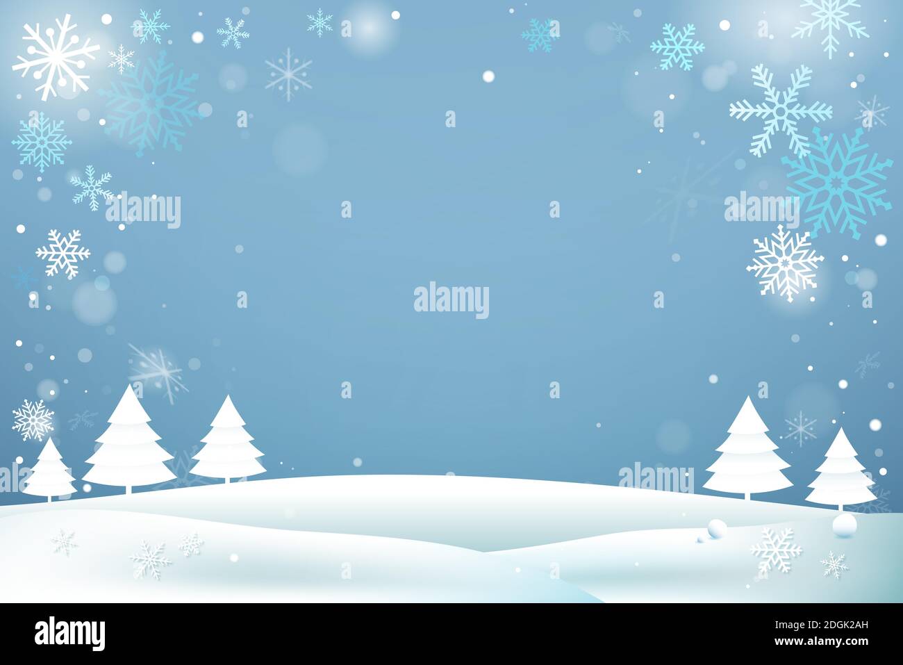 Winter Schnee Hintergrund mit Weihnachtsbäumen, Schneeflocken und leeren Raum in der Mitte Stock Vektor
