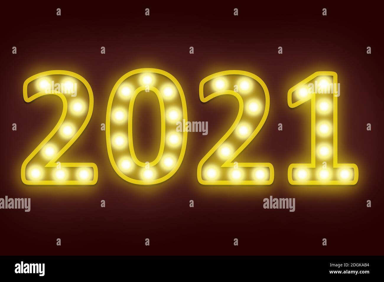 Glühbirne blinkt in der Zahl 2021 für ein glückliches neues Jahr 2021 Silvester Feier Hintergrund Stockfoto