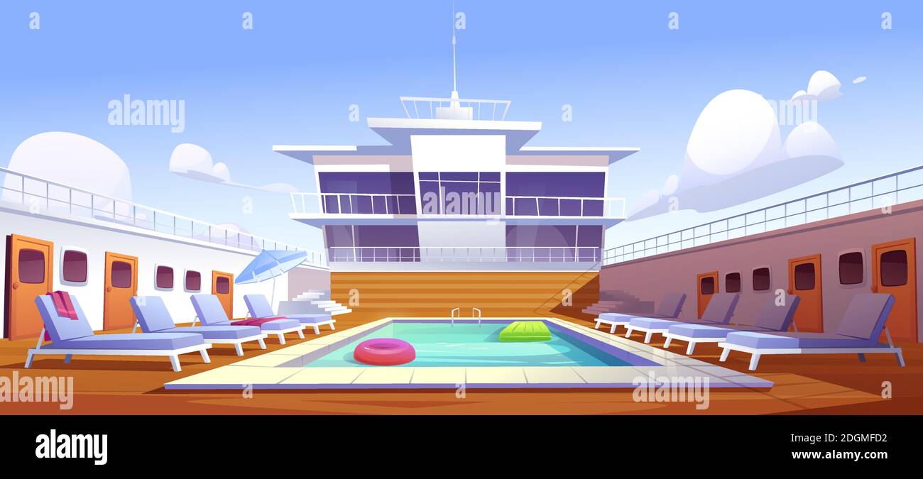 Swimmingpool auf dem Kreuzfahrtschiff, leeres Schiffsdeck mit Sonnenliegen, Holzboden und Türöffnungen. Modernes Luxus-Segelboot im Meer oder Meer. Passagierschiff mit Wasserteich, Cartoon-Vektor-Illustration Stock Vektor