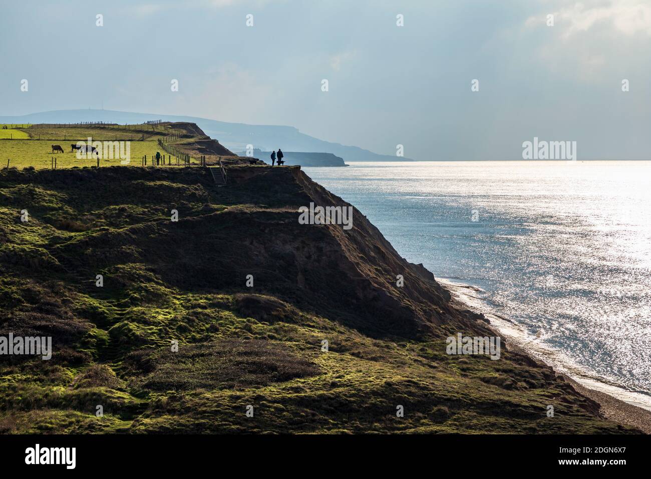 Wanderer auf dem Küstenweg in Brightstone Bay, Isle of Wight Stockfoto