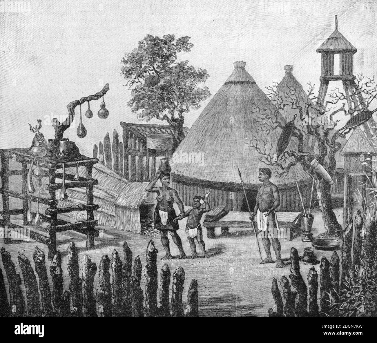 Mud Huts, Conical Huts oder traditionelle Conical Architecture of the Lunda People in Village on the Haute Zambezi Sambia Afrika (Engr 1895) Vintage Illustration oder Gravur Stockfoto