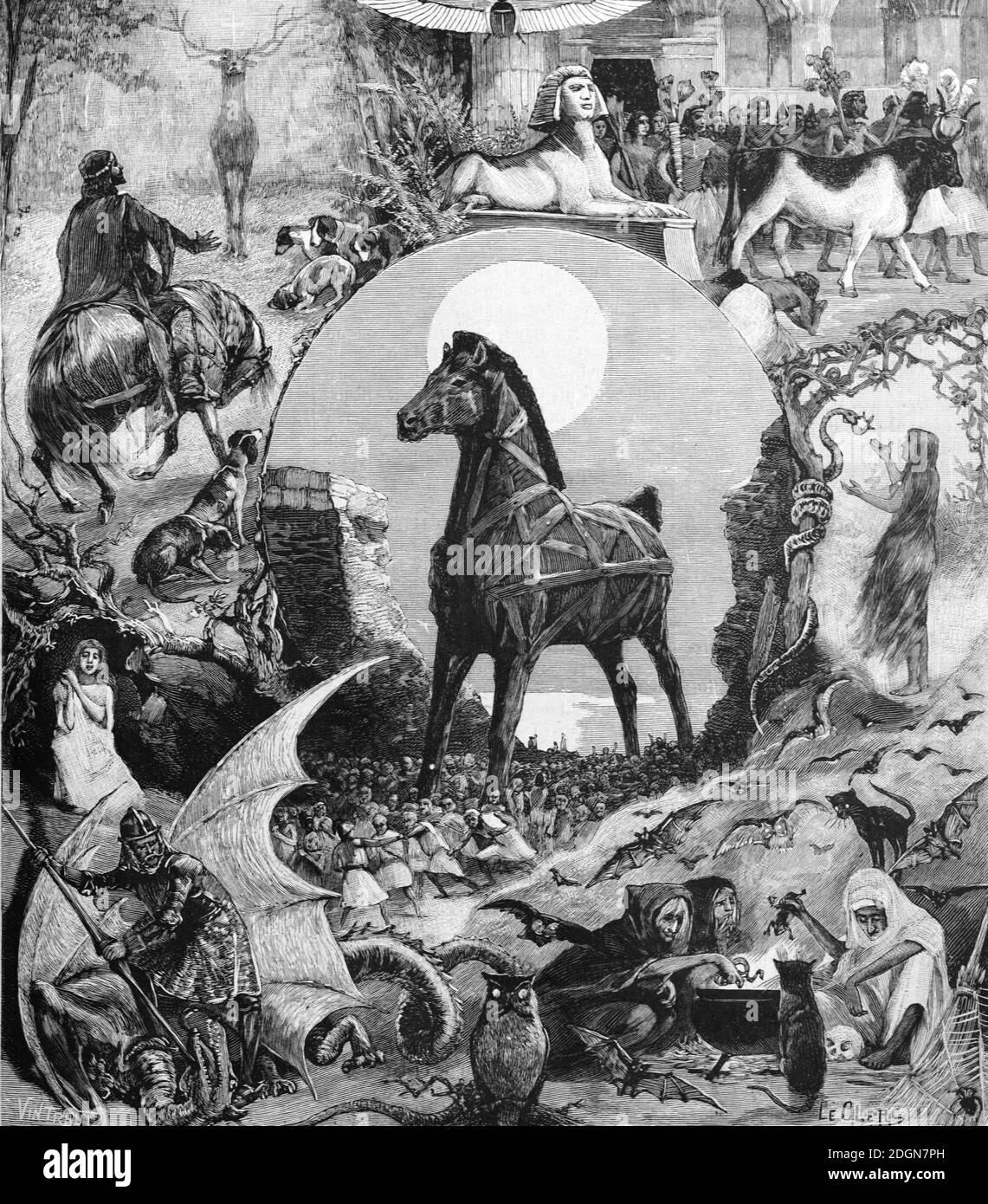 Die Tyrannei der Bestien Illustration die Mythen und Geschichten zeigen Verbunden mit Tieren und dem Tierreich (Engr 1895 Vintraut-Leclerc) Vintage Engraving oder Illustration Stockfoto