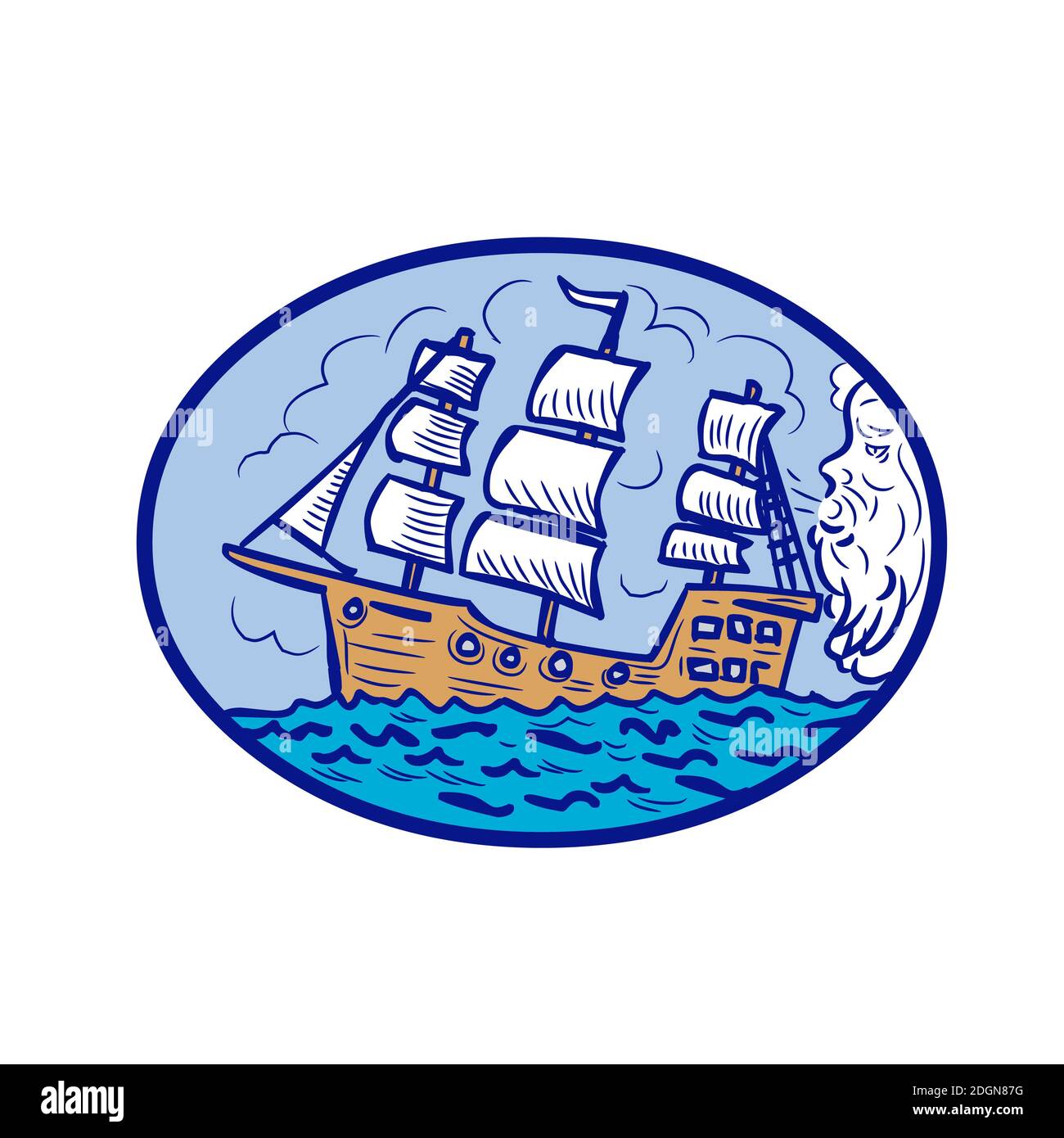 Boreas Weht Segelschiff Oval Zeichnung Stockfoto