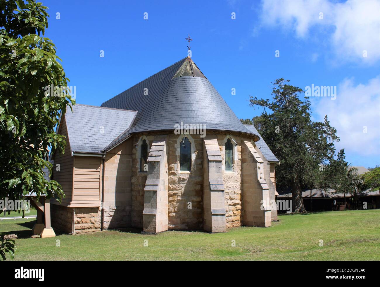 Norfolkinsel, hinter der St. Barnabas Kapelle, Mutterkirche der Missionsarbeit in Melanesien (1867-1920). Stockfoto