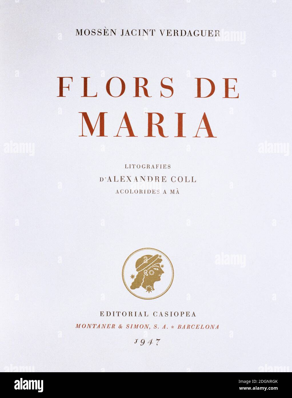 Flors de Maria, 1902, von Jacint Verdaguer Santalo (1845-1902). Titelbild der ersten Ausgabe 1947. Editorial Casiopea. Spanien, Katalonien. Stockfoto
