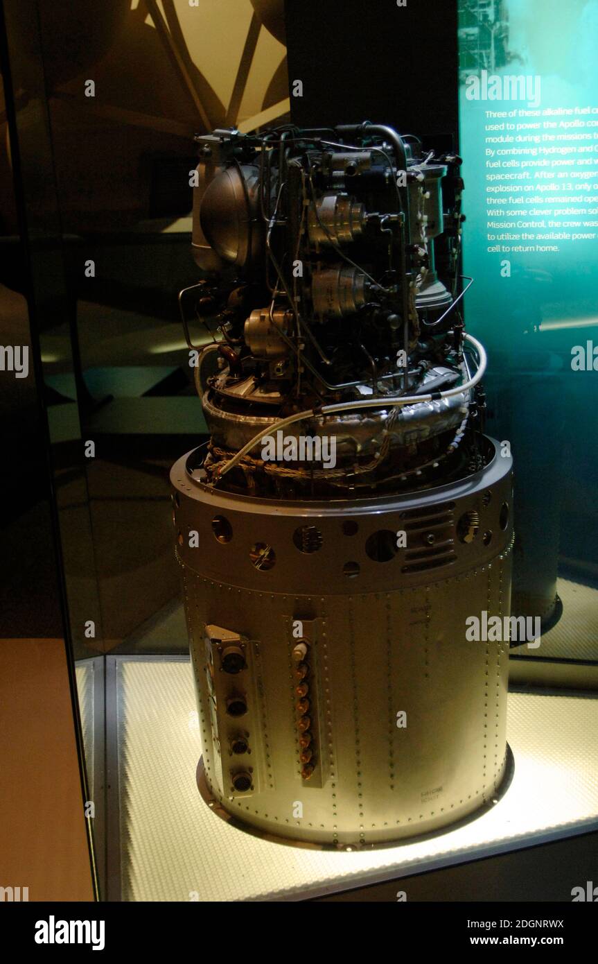 Alkali-Mangan-Batterie. Drei dieser Elemente wurden zur Stromversorgung des Kommandomoduls für die Apollo-Missionen verwendet. Die Kombination von Wasserstoff und Sauerstoff liefert Energie und Wasser für die Raumsonde. Lyndon B. Johnson Space Center (JSC). Houston. Bundesstaat Texas. Usa. Stockfoto