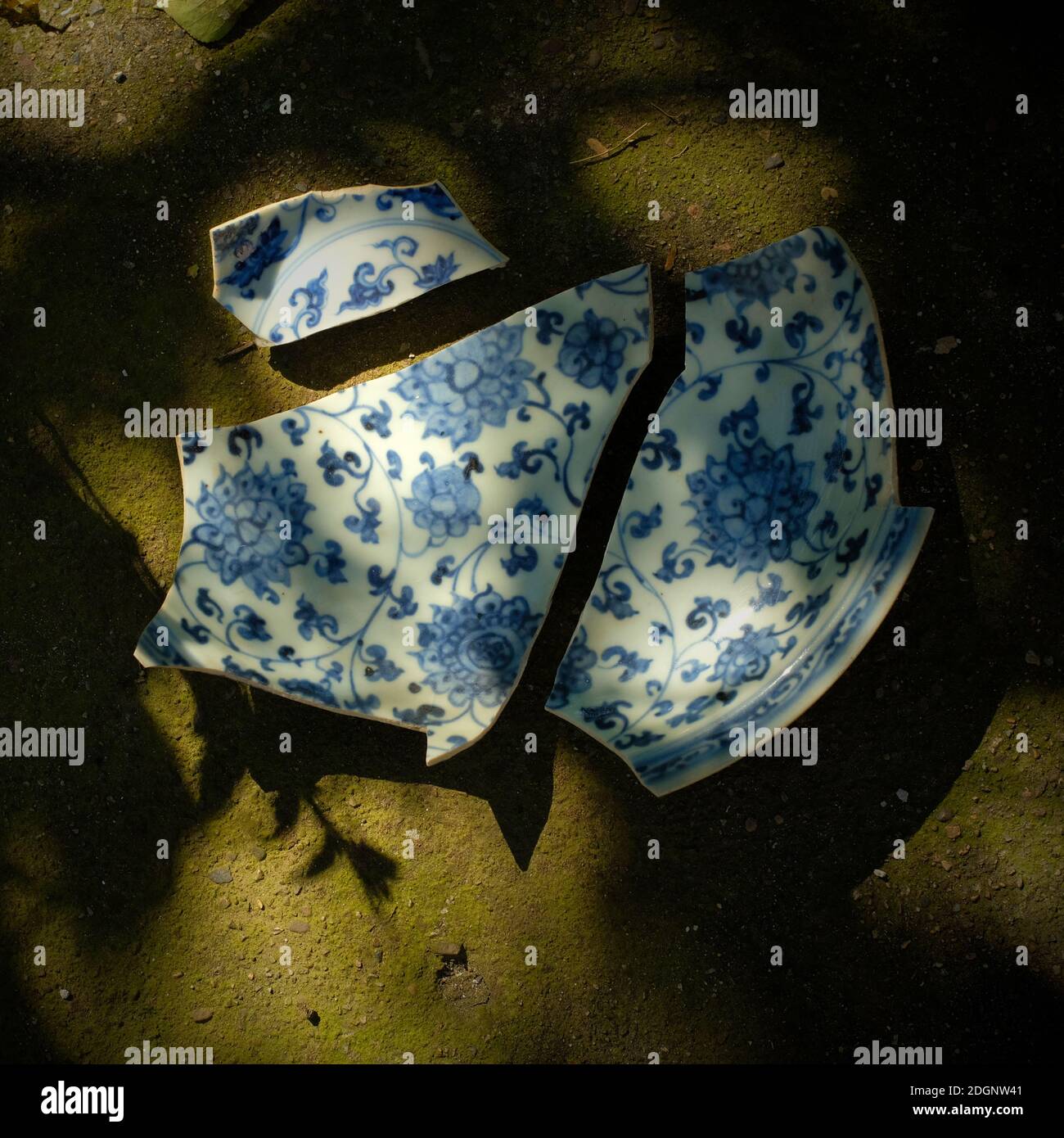 Stücke von Tangzhenian blau und weiß der mittleren Ming-Dynastie. Ausgegraben von der Baustelle in Peking, China. Stockfoto