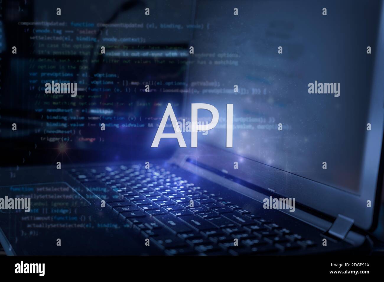 API-Anmeldung gegen Laptop und Code-Hintergrund. Stockfoto
