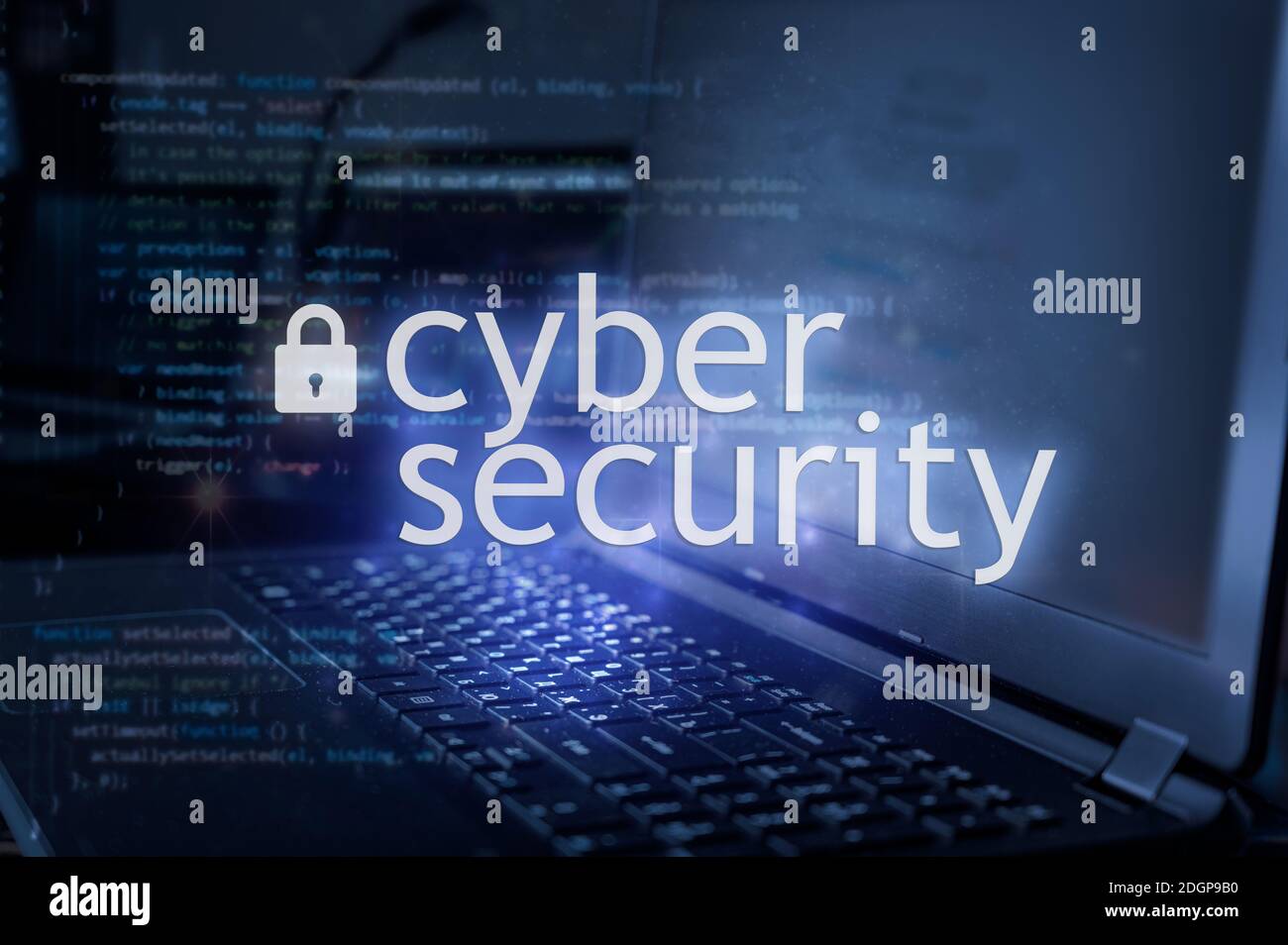 Cyber-Sicherheit Inschrift gegen Laptop und Code-Hintergrund. Cyber-Sicherheit, Datenschutzkonzept Stockfoto
