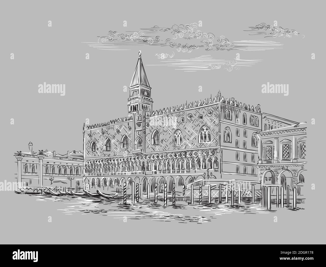 Vektor-Handzeichnung Skizze Illustration des Dogenpalastes in Venedig. Skyline von Venedig handgezeichnete Skizze in monochromen Farben isoliert auf grauem Hintergrund. Stock Vektor