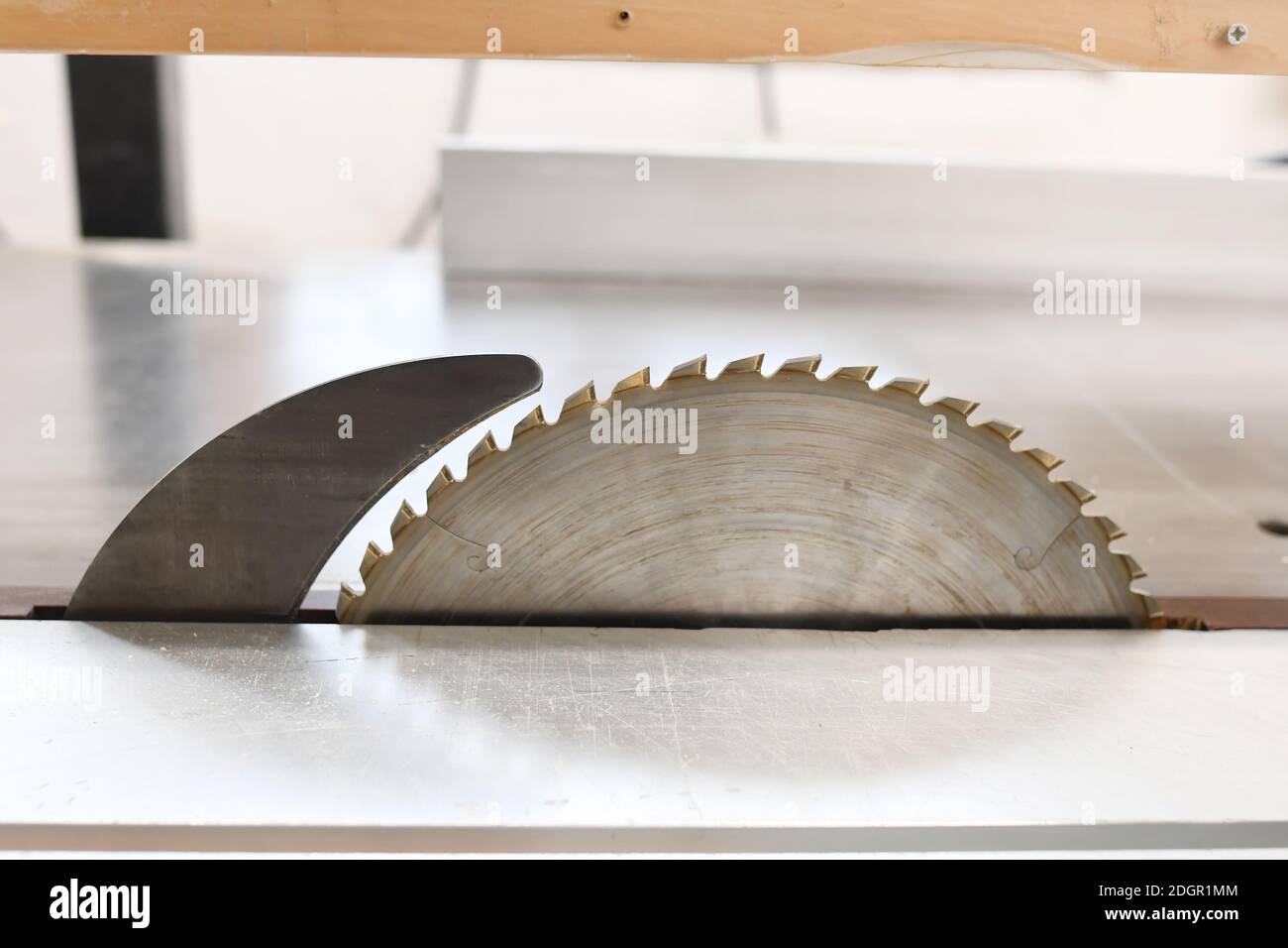 Holzschneider auf einer gebürsteten Metallic-Oberfläche. Die Diamantscheibe einer Schneidemaschine Stockfoto