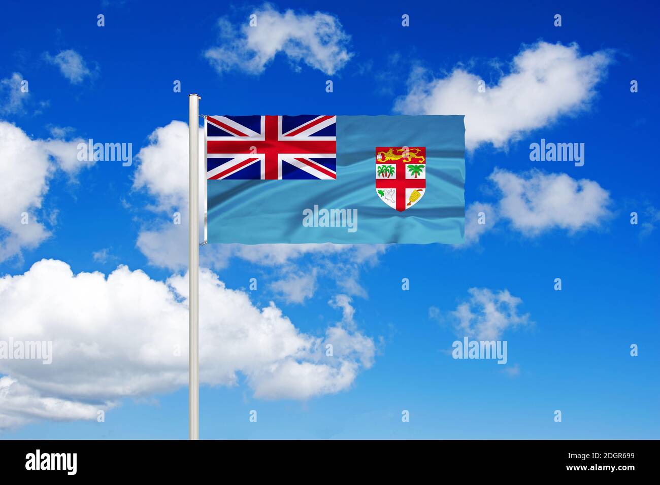 Nationalfahne von Fidschi, Nationalflagge, Fahne, Flagge, Südsee, Europa, Südpazifik, cumulus Wolken vor blauen Himmel, Stockfoto