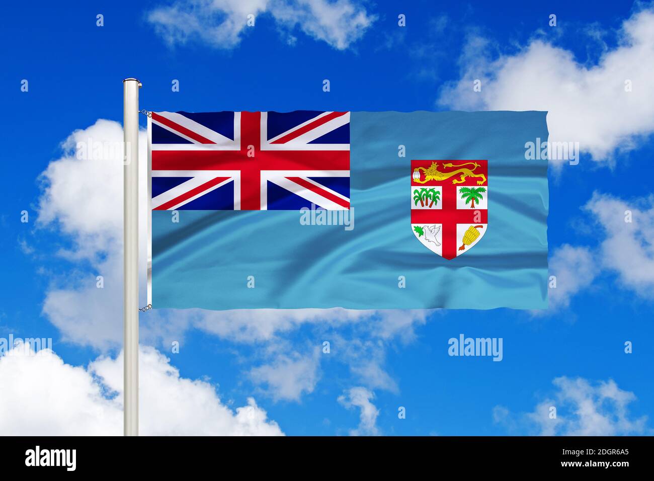 Nationalfahne von Fidschi, Nationalflagge, Fahne, Flagge, Südsee, Europa, Südpazifik, cumulus Wolken vor blauen Himmel, Stockfoto