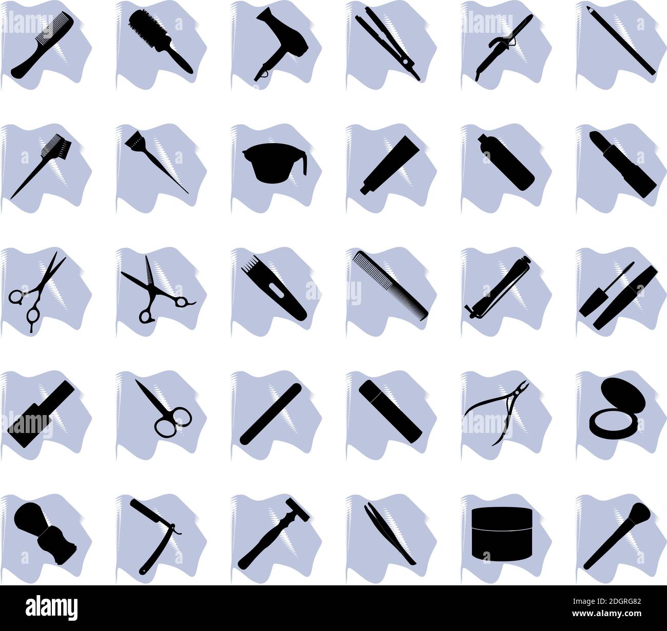 Kosmetik Icon Set Vektor, Friseur, Salon, Haar, Nagel, schwarze Silhouette auf lila Punkt Symbole, isoliert auf weißem Hintergrund. EPS 10 Stock Vektor