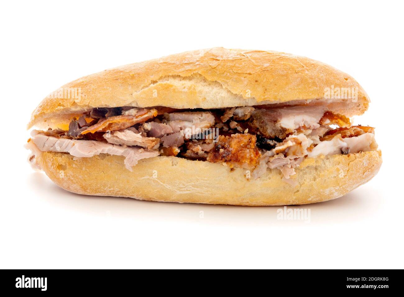 Panino mit Porchetta, einem traditionellen zentralitalienischen Straßenessen. Stockfoto