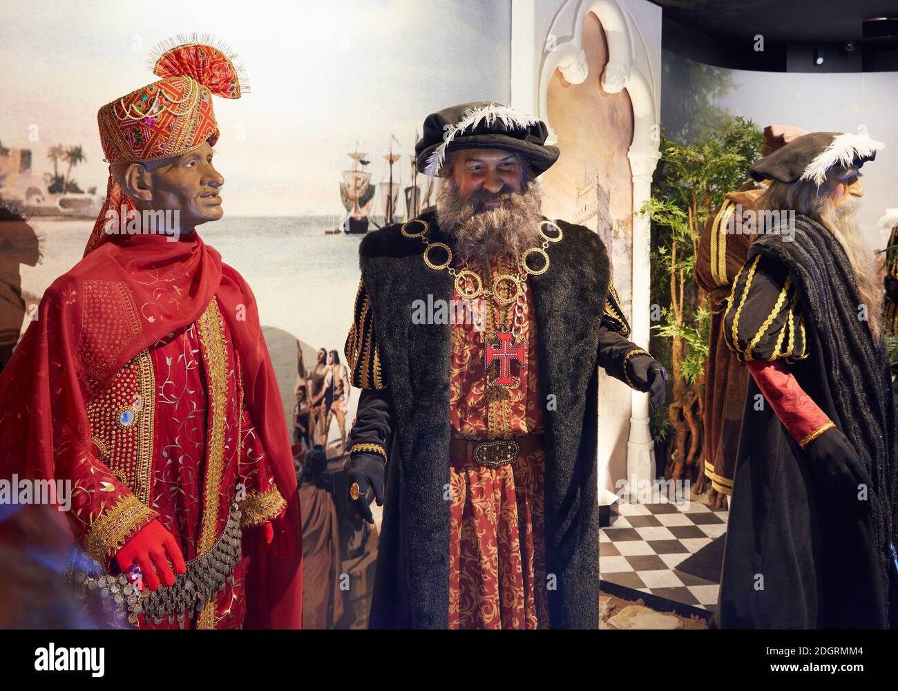 Historische Figuren von Samorim und Vasco da Gama im Wachsmuseum der portugiesischen Entdeckungen, Lagos, Algarve, Portugal Stockfoto