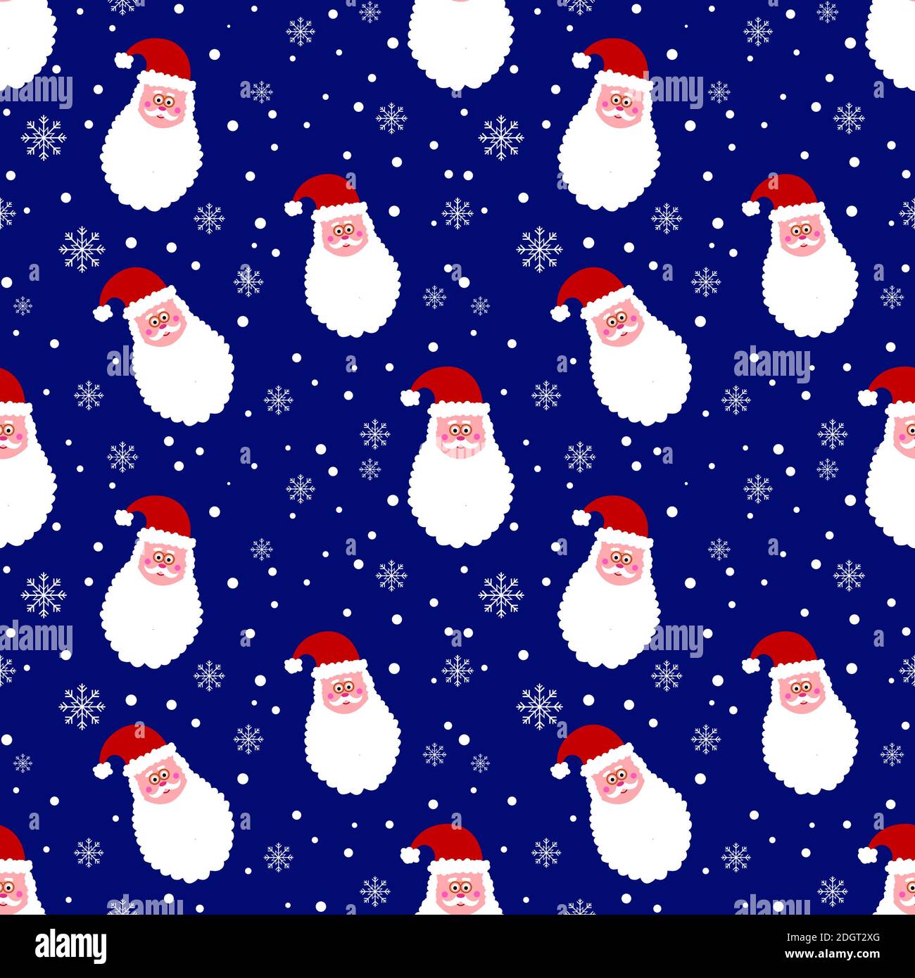 Nahtloses Muster mit Weihnachtsmann und Schneeflocken auf blauem Hintergrund. Weihnachten Hintergrund. Cartoon Santa Kopf verschneiten Design. Niedliches Geschenkpapier. Lustig Stockfoto