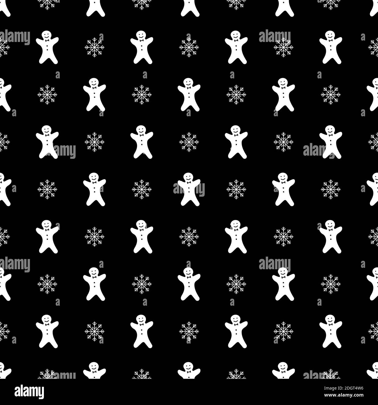 Lebkuchen weißen Mann Cookie und Schneeflocken nahtlose Muster für weihnachten Design auf schwarzem Hintergrund. Abstrakte Tapete, Geschenkdekoration. Frohe Stockfoto