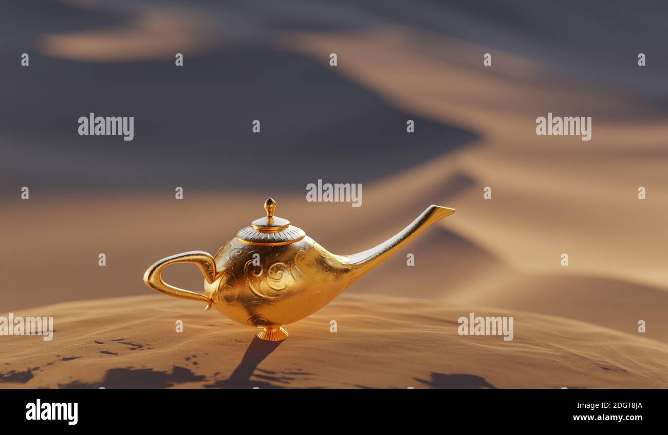 Magische Aladdin Lampe Mit Genie Wuste Im Hintergrund 3d Darstellung Stockfotografie Alamy