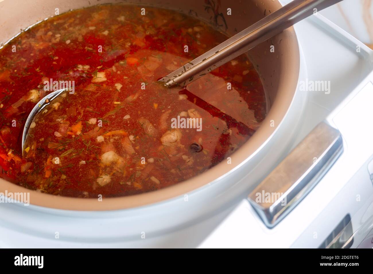 Köstliche ukrainische Borscht wird in einem langsamen Herd gekocht Stockfoto