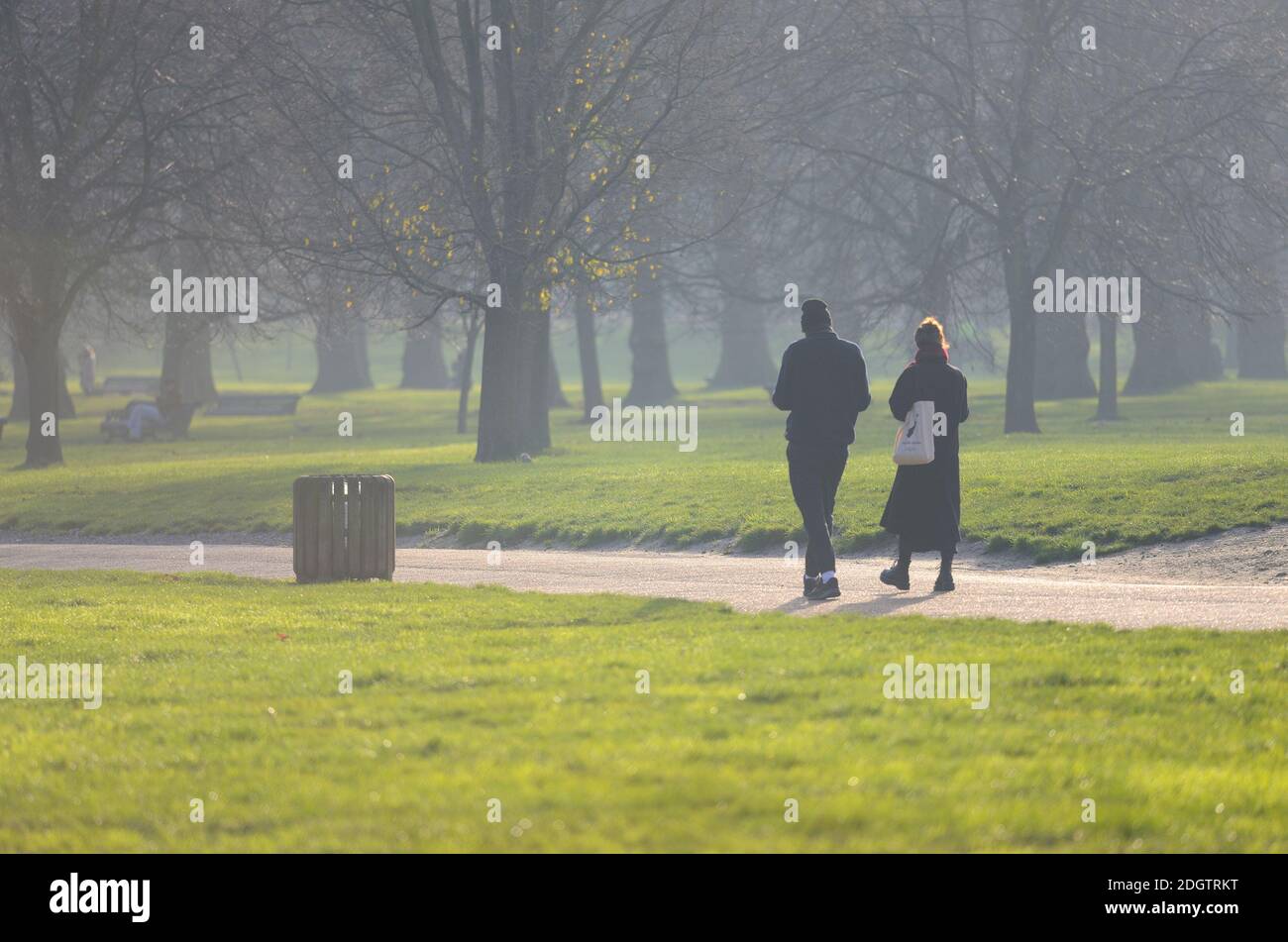 London, England, Großbritannien. Menschen gehen an einem nebligen Tag im Green Park, Dezember 2020 Stockfoto