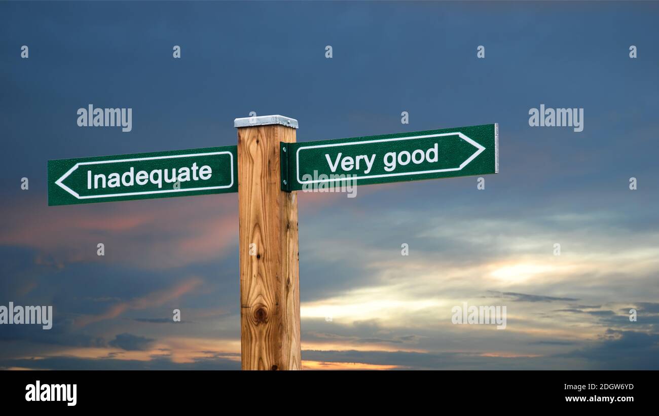 Straßenschild zu sehr gut gegen Unzureichende Stockfoto