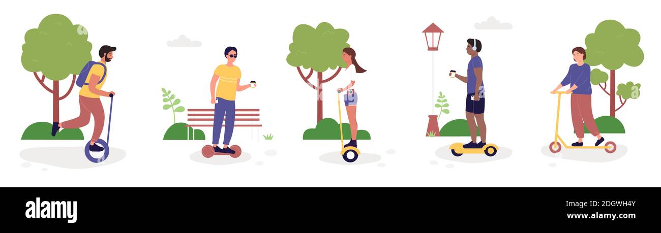 Eco City Transport Aktivität Vektor Illustration Set. Cartoon aktive Frau Mann Charakter Reiten elektrische umweltfreundliche Transport im öffentlichen Park, Roller, Hoverboard oder Gyroscooter isoliert auf weiß Stock Vektor