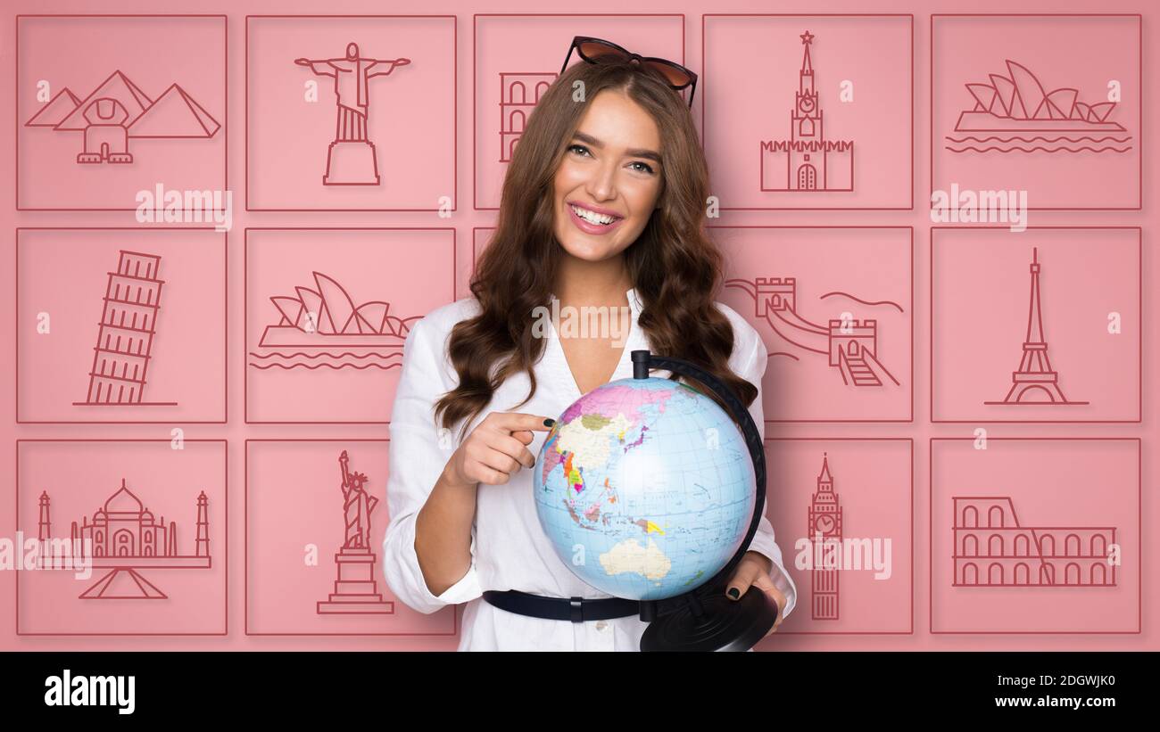 Mädchen Mit Globe Wahl Land Für Urlaub, Rosa Hintergrund, Collage Stockfoto