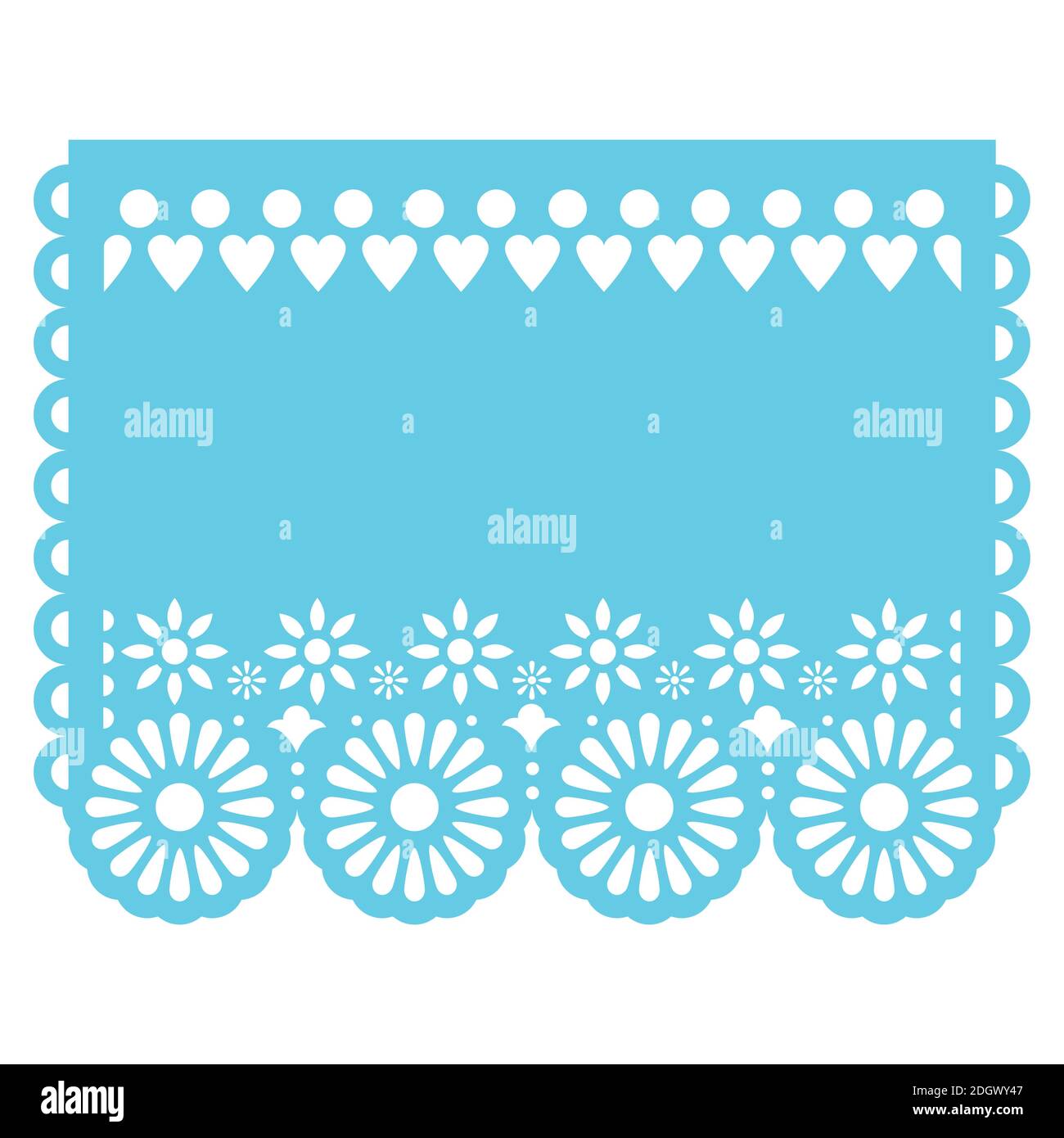 Papel Picado Vektor-Template-Design in aquablue, mexikanische Ausschnitt Papier Girlande Dekoration mit Blumen und geometrischen Formen Stock Vektor