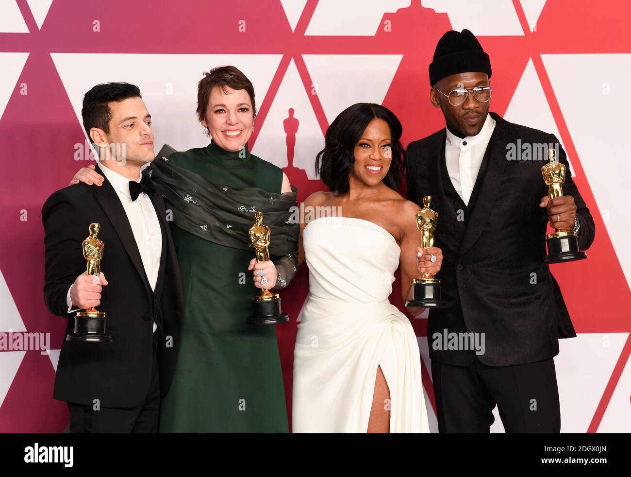 Rami Malek, Gewinnerin der Kategorie „Bester Darsteller“ für „Bohemian Rhapsody“; Olivia Colman, Gewinnerin der Kategorie „Beste Darstellerin“ für „The Favorite“; Regina King, Gewinnerin der Kategorie „Beste Nebendarstellerin“ für „If Beale Street Could Talk“; Und Mahershala Ali, Gewinner des besten Nebendarsteller für "Green Book" im Presseraum bei den 91. Academy Awards im Dolby Theater in Hollywood, Los Angeles, USA. Bildnachweis sollte lauten: Doug Peters/EMPICS. Stockfoto