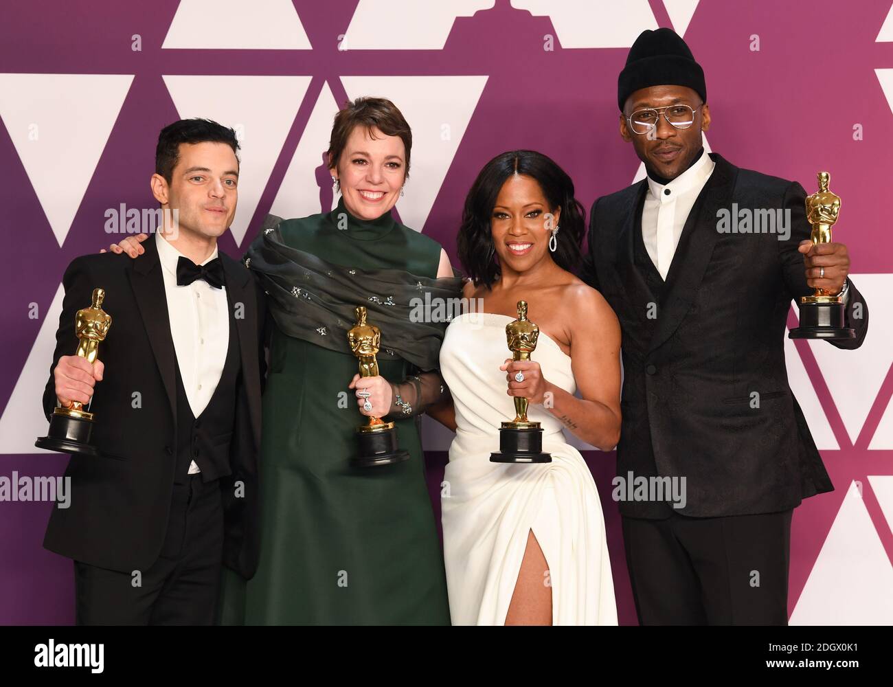 Rami Malek, Gewinnerin der Kategorie „Bester Darsteller“ für „Bohemian Rhapsody“; Olivia Colman, Gewinnerin der Kategorie „Beste Darstellerin“ für „The Favorite“; Regina King, Gewinnerin der Kategorie „Beste Nebendarstellerin“ für „If Beale Street Could Talk“; Und Mahershala Ali, Gewinner des besten Nebendarsteller für "Green Book" im Presseraum bei den 91. Academy Awards im Dolby Theater in Hollywood, Los Angeles, USA. Bildnachweis sollte lauten: Doug Peters/EMPICS. Stockfoto