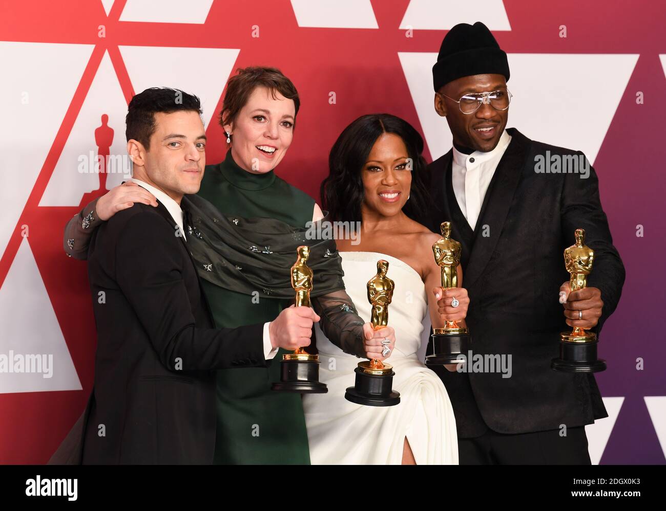 Rami Malek, Gewinnerin der Kategorie „Bester Darsteller“ für „Bohemian Rhapsody“; Olivia Colman, Gewinnerin der Kategorie „Beste Darstellerin“ für „The Favorite“; Regina King, Gewinnerin der Kategorie „Beste Nebendarstellerin“ für „If Beale Street Could Talk“; Und Mahershala Ali, Gewinner des besten Nebendarsteller für "Green Book" im Presseraum bei den 91. Academy Awards im Dolby Theater in Hollywood, Los Angeles, USA. Bildnachweis sollte lauten: Doug Peters/EMPICS. Stockfoto