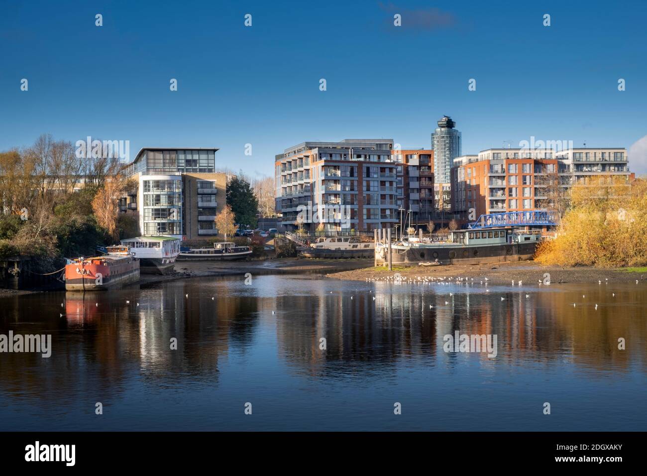 London, Hounslow, Wohnhäuser am Brentford Dock, Mündung des Flusses Brent am Grand Union Canal und der Themse, Herbst, klarer blauer Himmel Stockfoto