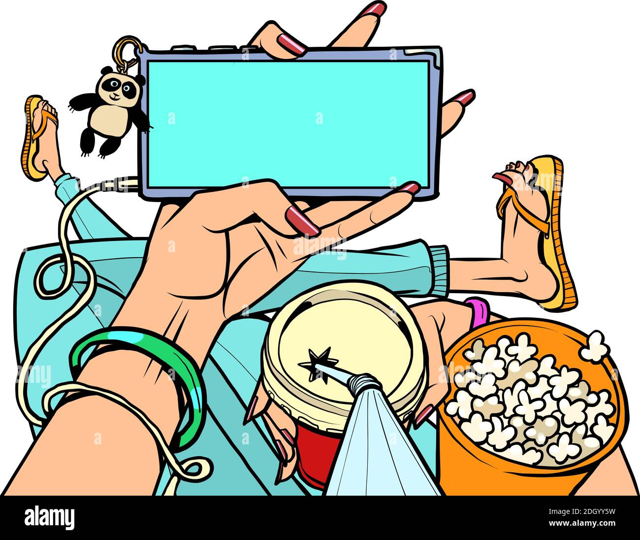 Mann mit Popcorn zu Hause beim Online-Kino. Home Online-Kino, ein Online-TV-Streaming-Video-Service Stock Vektor