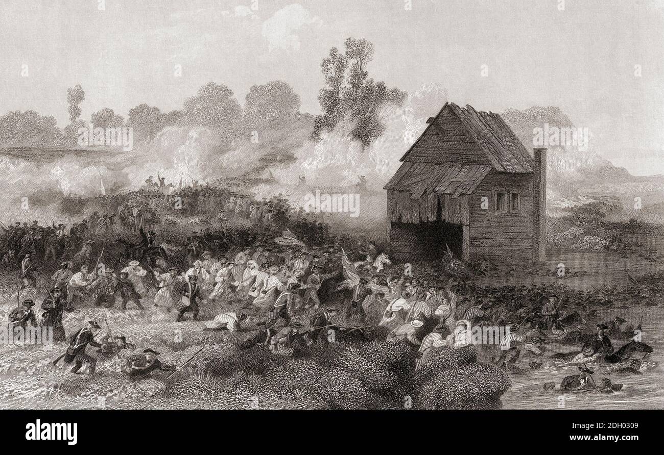 Rückzug der Amerikaner über Gowanus Creek in der Schlacht von Long Island, 27. August 1776 während des amerikanischen Revolutionskrieges. Aus einem Stich von James Smilie aus dem 19. Jahrhundert nach einem Werk von Alonzo Chappel. Stockfoto