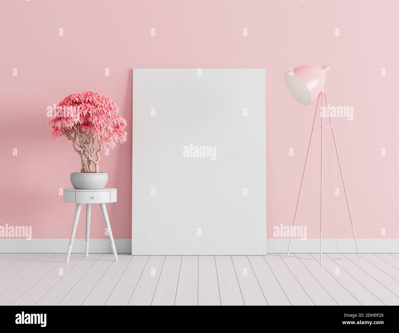 Plakat auf rosafarbener Betonwand. Modernes Wohnzimmer, Innenarchitektur mit rosa Lampe und dekorative Pflanze 3d Render 3d-Illustration Stockfoto